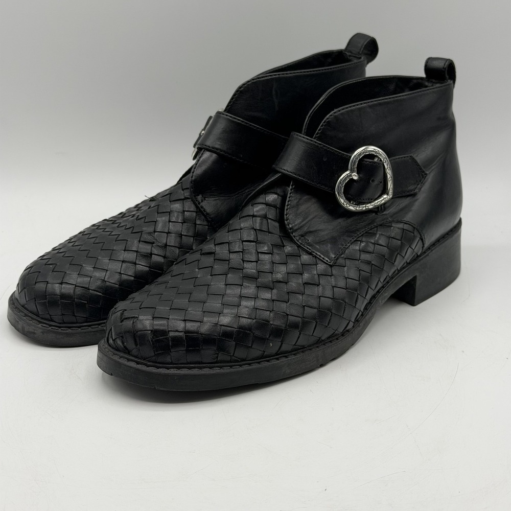 Vintage Brighton Womens 7.5 Krista Black Woven Leather Ankle Boots Heart Buckle